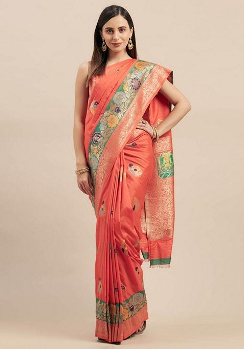 Orange Ethnic Motifs Print Silk Blend Saree Set