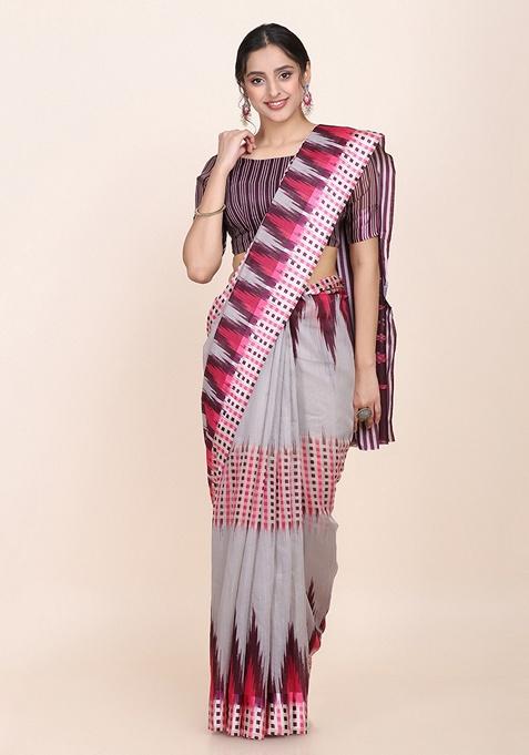 Multicolour Geometric Silk Blend Saree Set