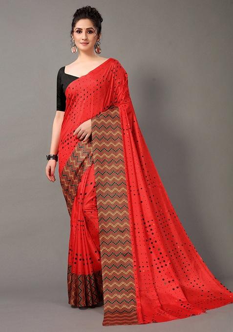 Red Dot Print Silk Blend Saree Set