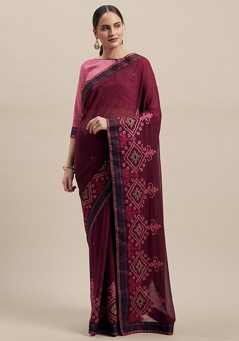 Wine Floral Poly Chiffon Saree Set