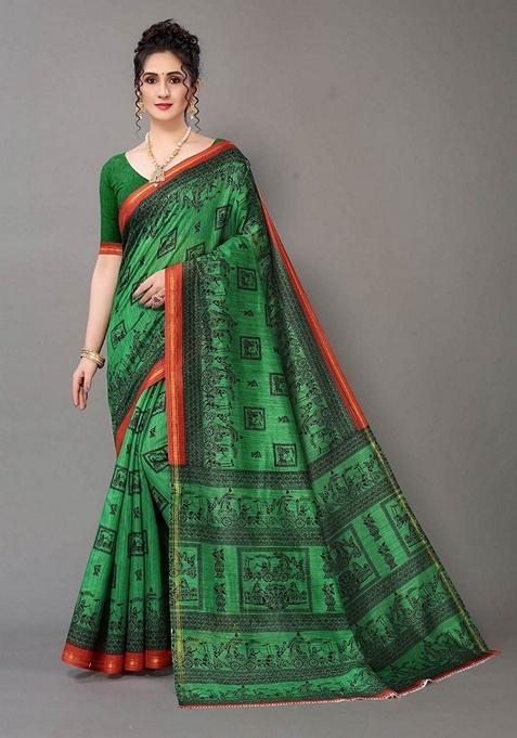 Green Ethnic Motifs Print Art Silk Saree Set