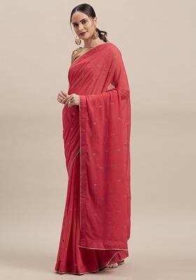 Pink Solid Poly Chiffon Saree Set