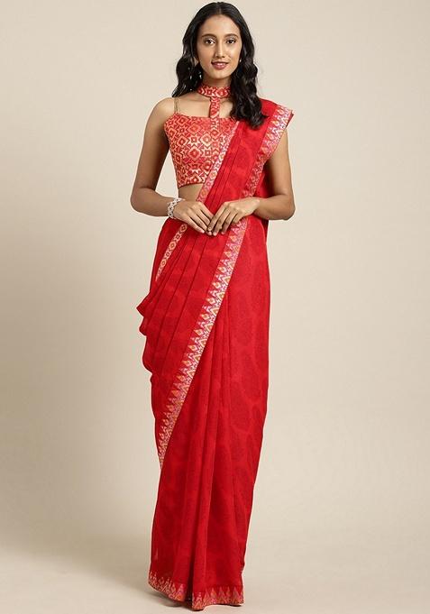 Red Floral Poly Chiffon Saree Set