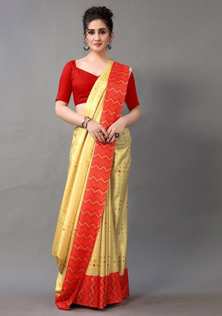Yellow Dot Print Silk Blend Saree Set