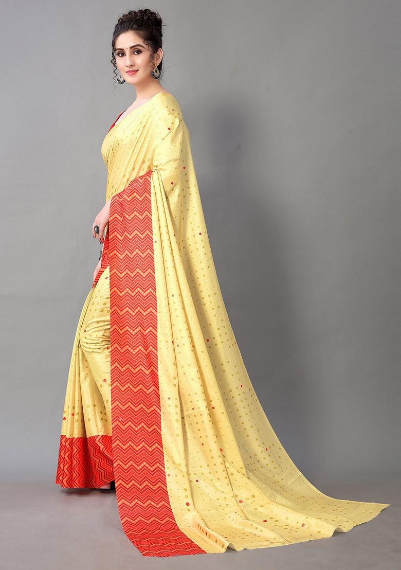 Yellow Dot Print Silk Blend Saree Set