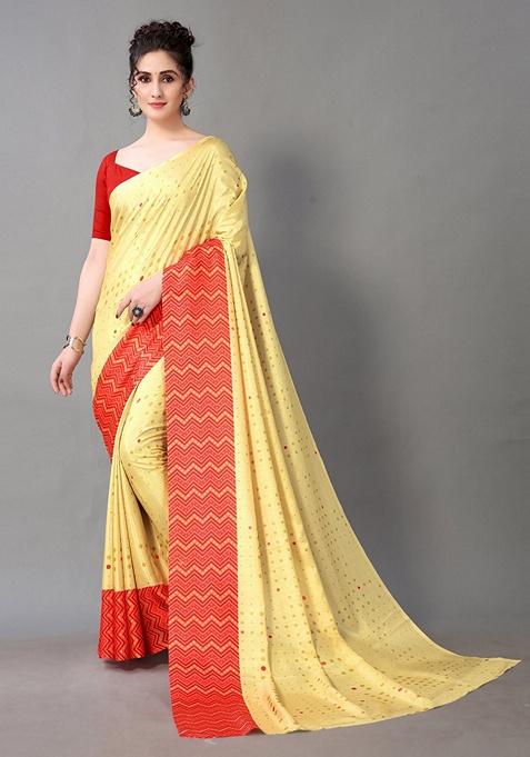 Yellow Dot Print Silk Blend Saree Set