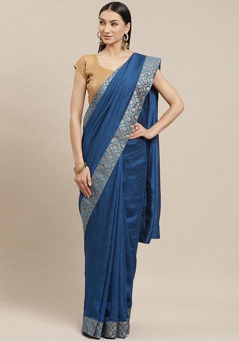 Blue Solid Silk Blend Saree Set