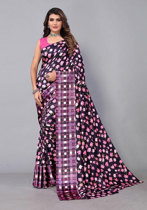 Purple Floral Art Silk Saree Set