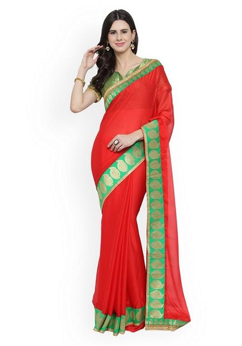 Red Solid Chiffon Saree Set