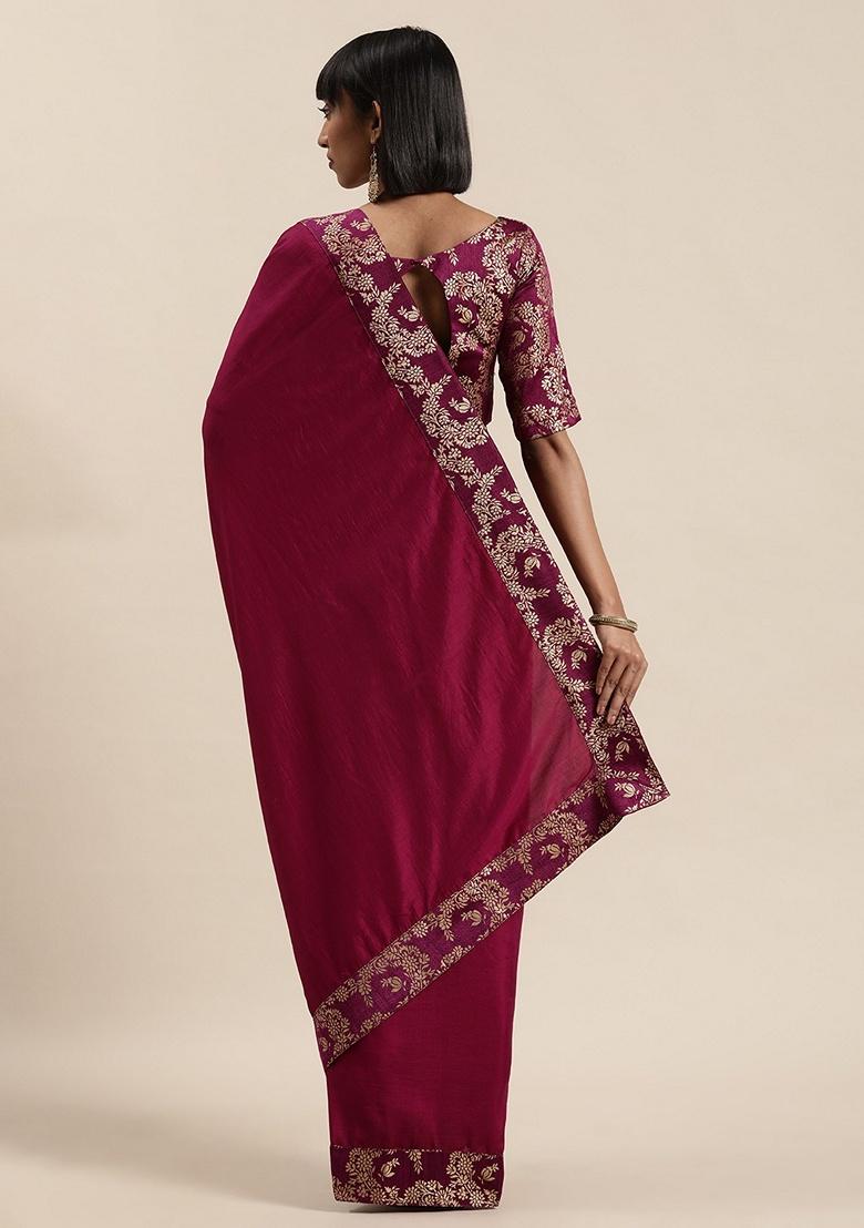 Wine Solid Silk Blend Saree Set