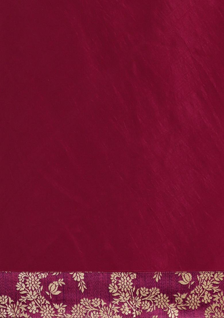 Wine Solid Silk Blend Saree Set
