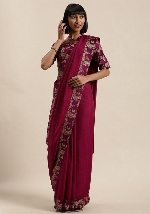 Wine Solid Silk Blend Saree Set