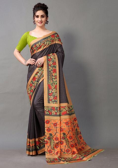 Dark Grey Printed Brasso Saree Set