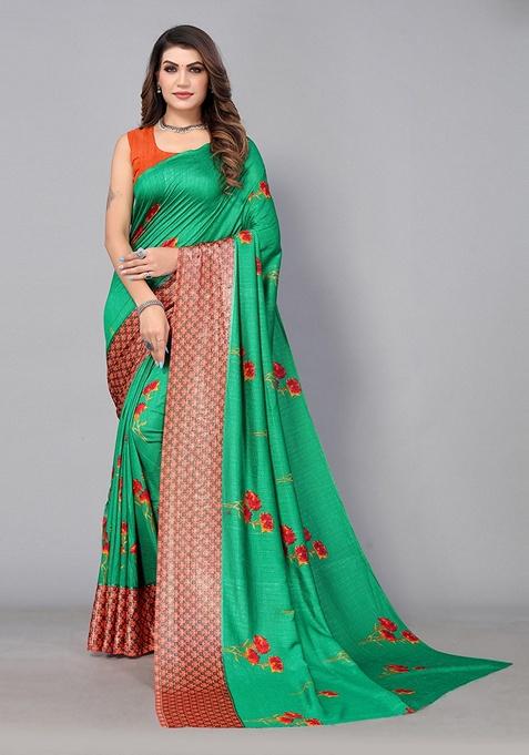 Green Floral Silk Blend Saree Set