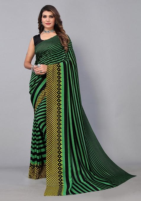 Green Stripe Poly Georgette Saree Set