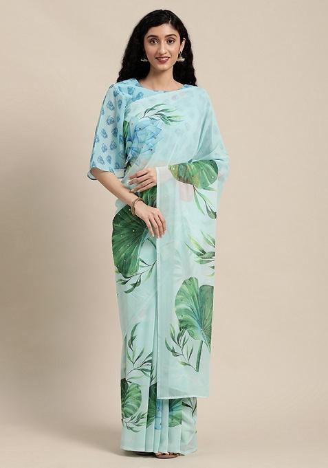 Sea Green Floral Poly Georgette Saree Set