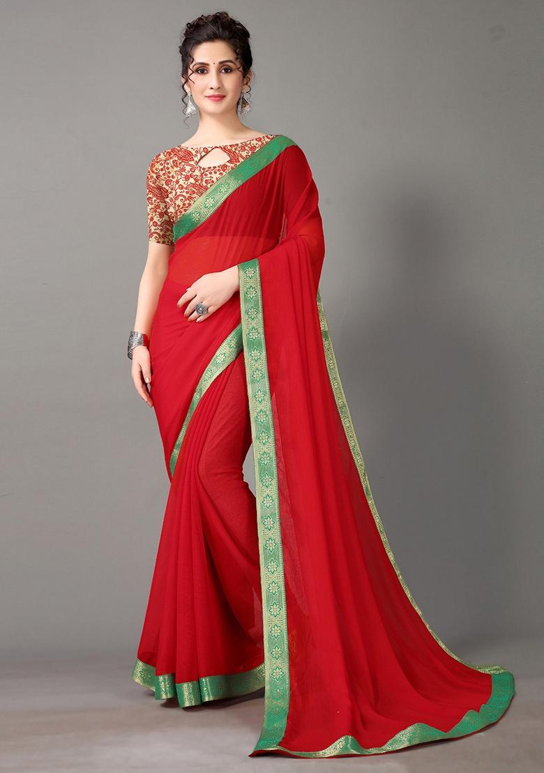 Red Solid Poly Chiffon Saree Set
