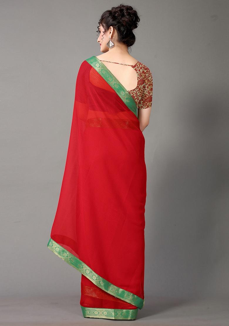 Red Solid Poly Chiffon Saree Set