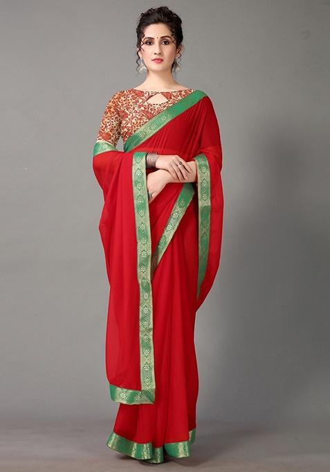 Red Solid Poly Chiffon Saree Set