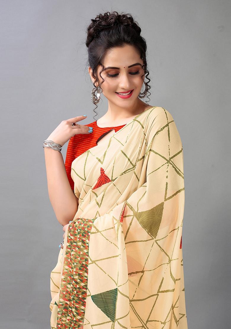 Cream Abstract Poly Georgette Saree Set