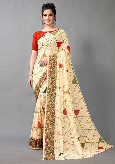 Cream Abstract Poly Georgette Saree Set