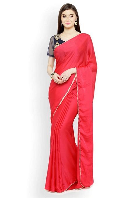 Pink Solid Satin Saree Set