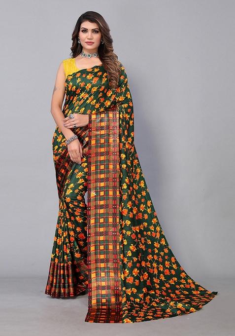 Green Floral Art Silk Saree Set