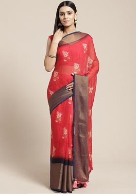 Red Floral Poly Georgette Saree Set