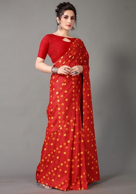 Red Dot Print Art Silk Saree Set