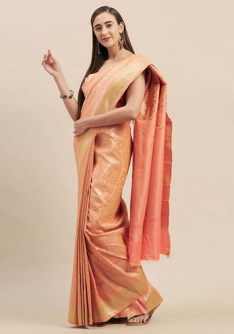 Peach Paisley Silk Blend Saree Set