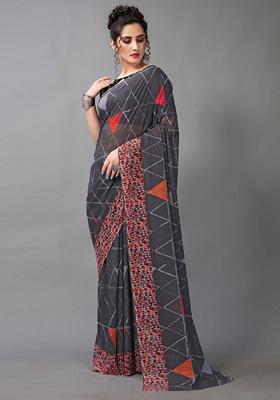 Grey Geometric Poly Georgette Saree Set