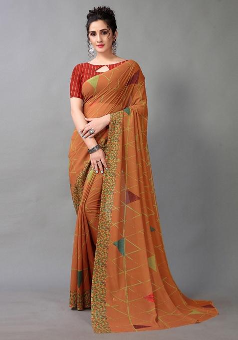 Rust Abstract Poly Georgette Saree Set