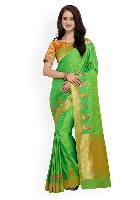 Green Solid Silk Blend Saree Set