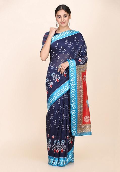 Blue Ethnic Motifs Print Silk Blend Saree Set