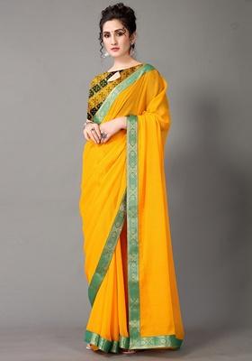 Yellow Solid Poly Chiffon Saree Set