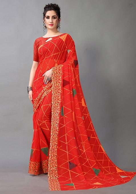 Red Abstract Poly Georgette Saree Set