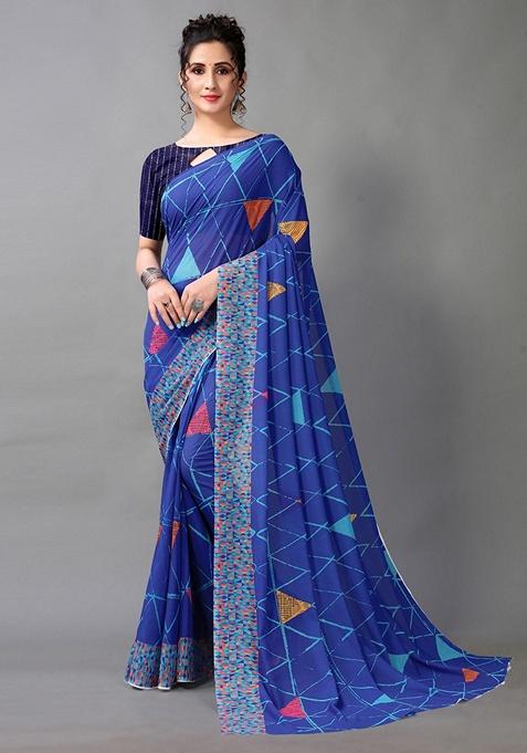 Blue Abstract Poly Georgette Saree Set