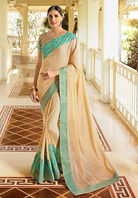 Beige Solid Pure Crepe Saree Set