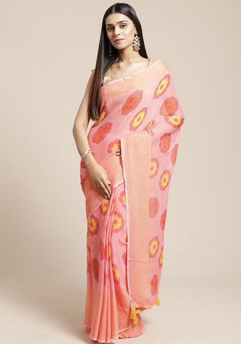 Peach Floral Poly Georgette Saree Set