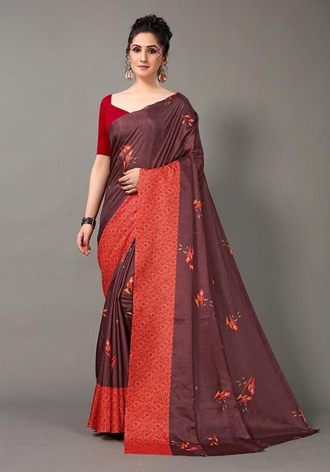 Brown Floral Silk Blend Saree Set