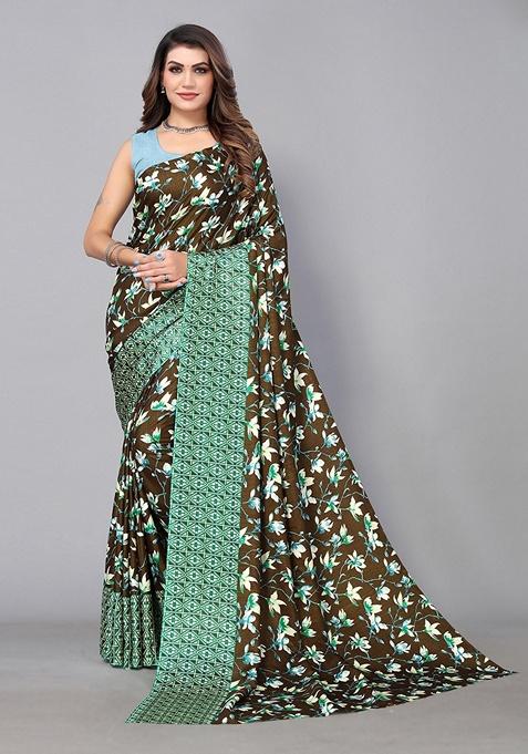 Olive Floral Art Silk Saree Set