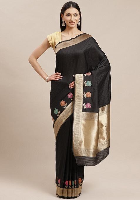 Black Solid Silk Blend Saree Set