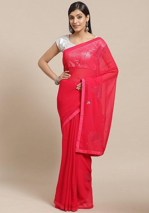 Pink Color Blocked Poly Georgette Saree Set