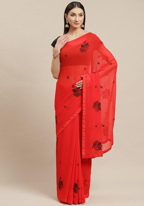 Red Color Blocked Poly Georgette Saree Set