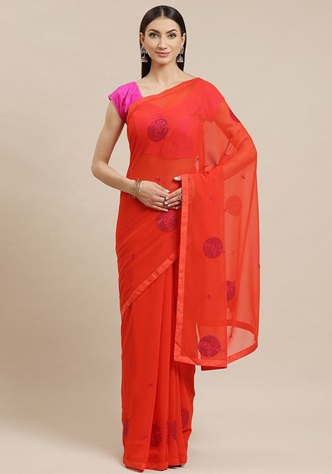 Red Color Blocked Poly Georgette Saree Set