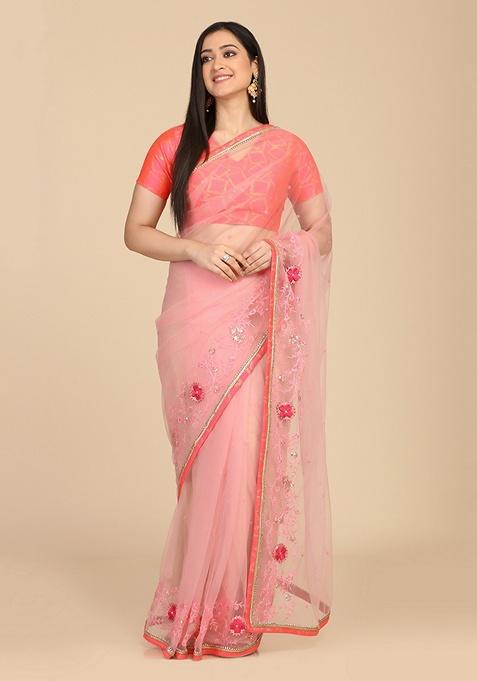 Pink Floral Net Saree Set