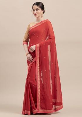 Red Solid Poly Chiffon Saree Set