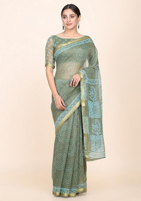 Green Geometric Art Silk Saree Set