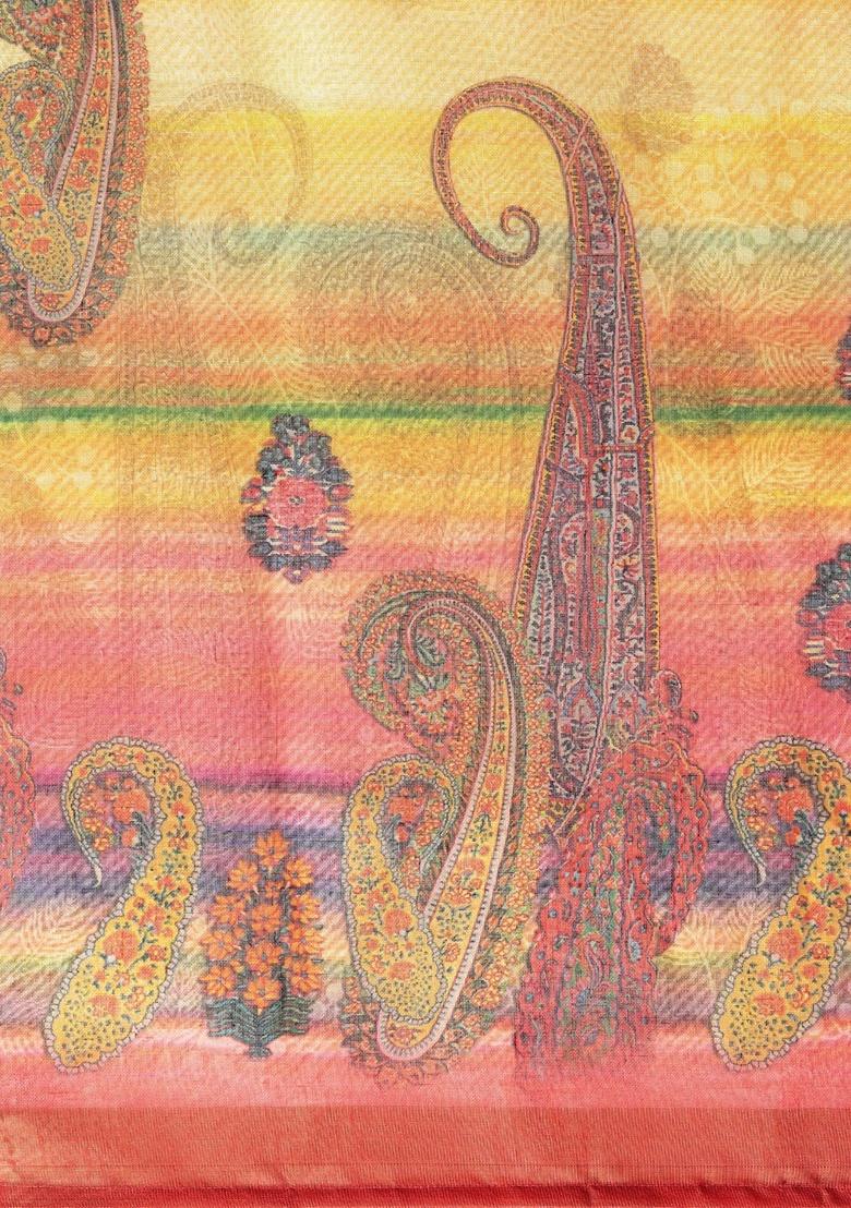 Multicolour Ethnic Motifs Print Pure Linen Saree Set - Indya