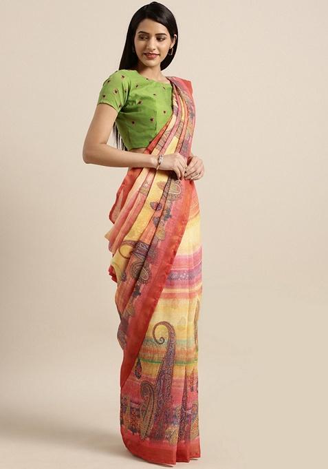 Multicolour Ethnic Motifs Print Pure Linen Saree Set